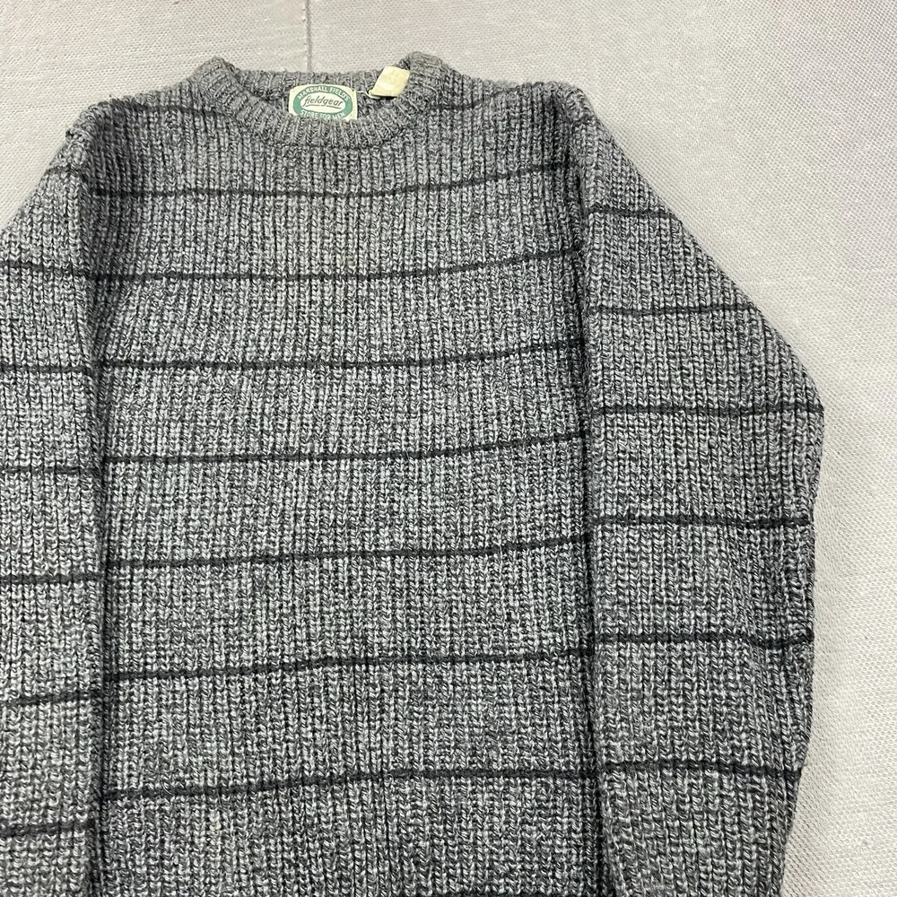 Marshall Fields Fieldgear Sweater Mens Medium Gray Chunky Knit Wool Grid Stripe